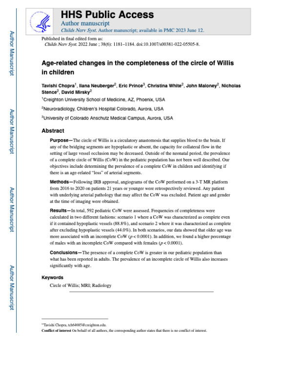Age-related changes in the completeness of the circle of Willis in children