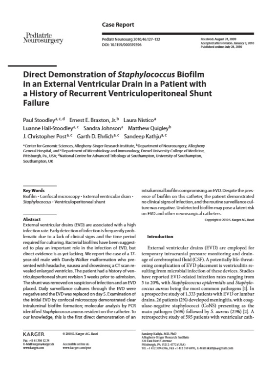 Direct Demonstration of Staphylococcus Biofilm in an External Ventricular Drain in a Patient with a History of Recurrent Ventriculoperitoneal Shunt Failure