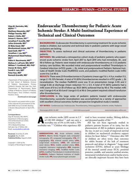 Endovascular Thrombectomy for Pediatric Acute Ischemic Stroke: A Multi ...