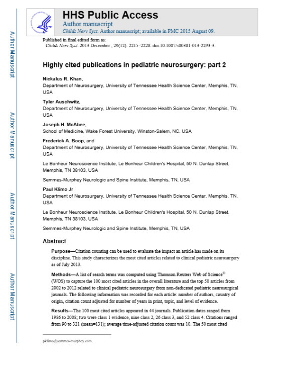 Highly cited publications in pediatric neurosurgery: part 2