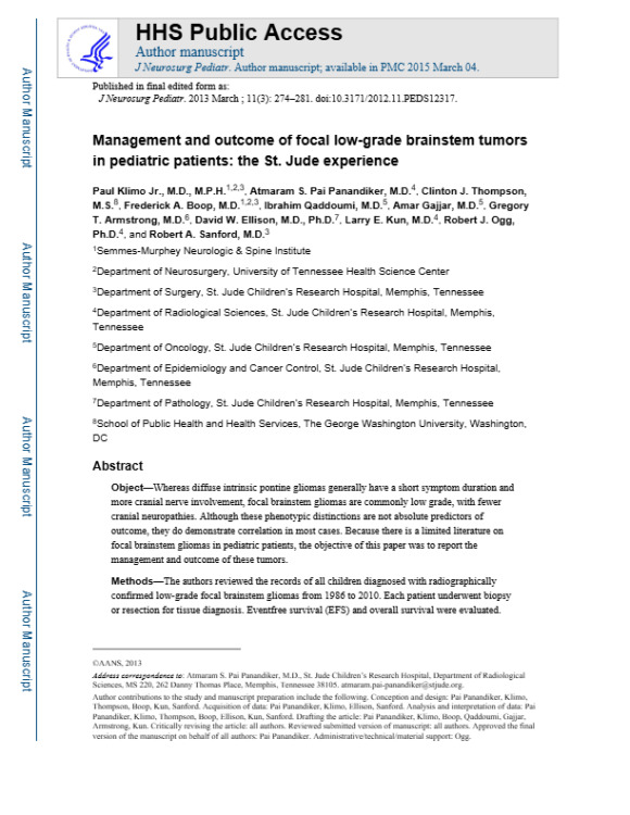 Management and outcome of focal low-grade brainstem tumors in pediatric patients: the St. Jude experience