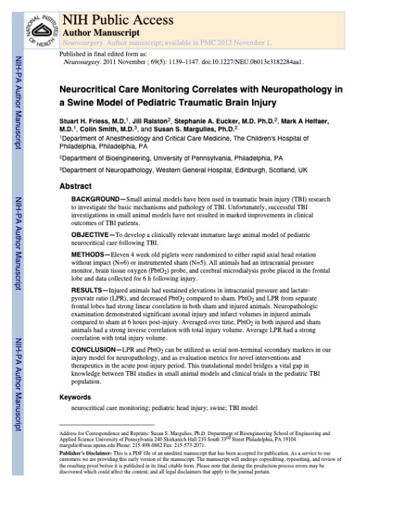Neurocritical Care Monitoring Correlates With Neuropathology in a Swine Model of Pediatric Traumatic Brain Injury