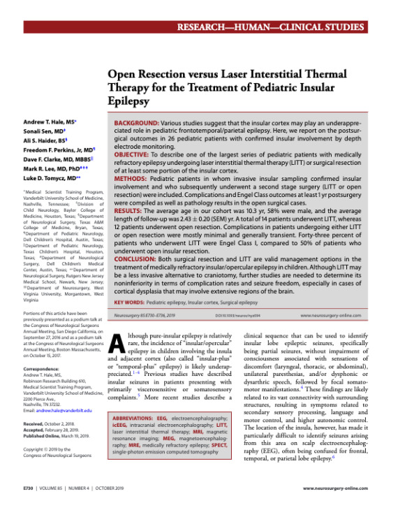Open Resection versus Laser Interstitial Thermal Therapy for the Treatment of Pediatric Insular Epilepsy
