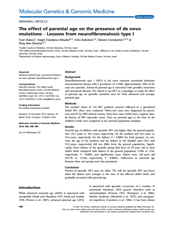 The Effect of Parental Age on the Presence of De Novo Mutations – Lessons from Neurofibromatosis Type I