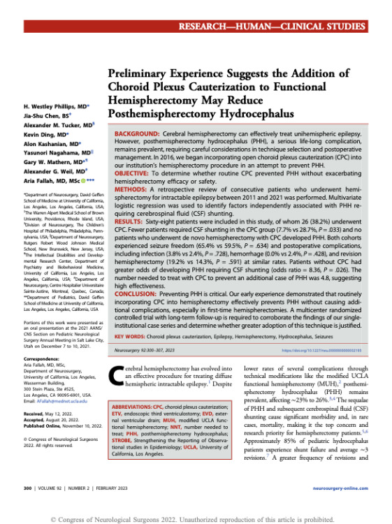 Preliminary Experience Suggests the Addition of Choroid Plexus Cauterization to Functional Hemispherectomy May Reduce Posthemispherectomy Hydrocephalus