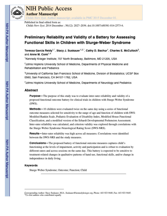 Preliminary reliability and validity of a battery for assessing functional skills in children with Sturge-Weber syndrome