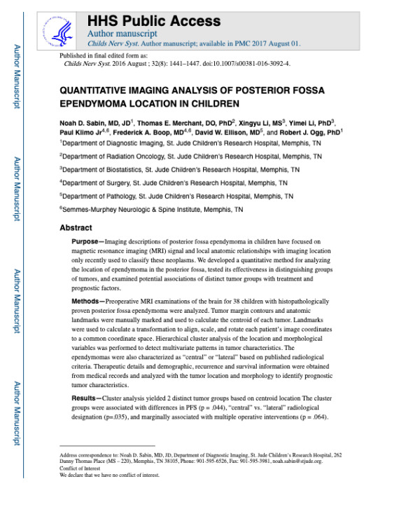 Quantitative imaging analysis of posterior fossa ependymoma location in children