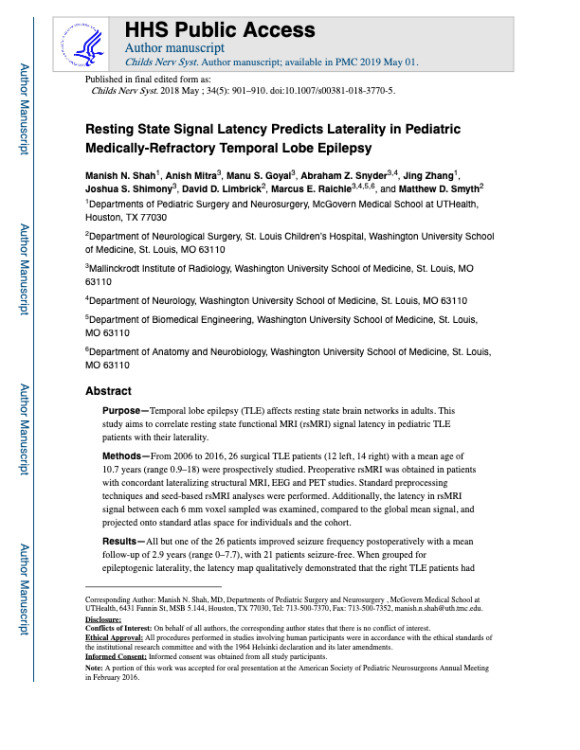Resting state signal latency predicts laterality in pediatric medically refractory temporal lobe epilepsy