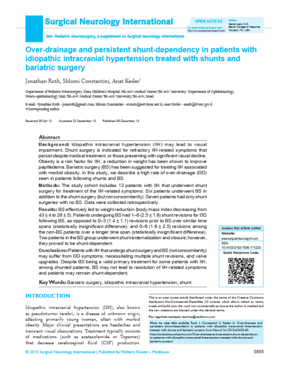 Over- Drainage and persistent Shunt- Dependency in Patients with Idiopathic Intracranial Hypertension Treated with Shunts and Bariatric Surgery
