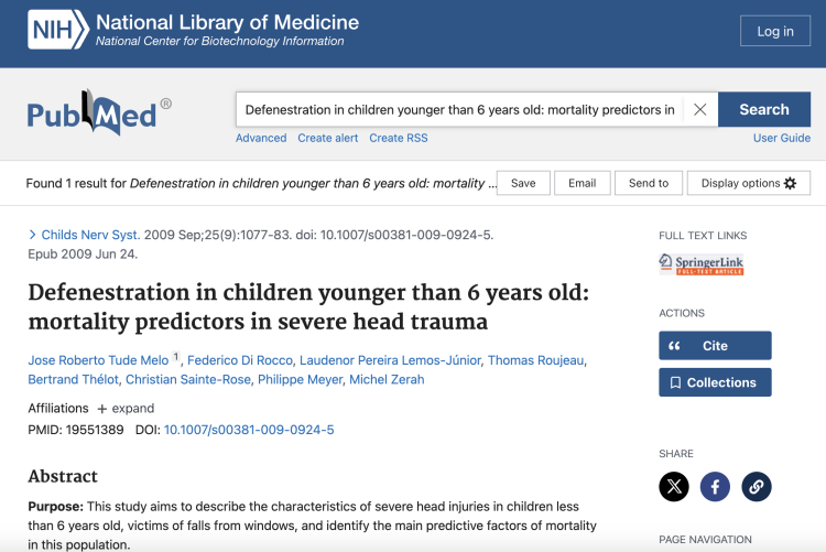 Defenestration in children younger than 6 years old: mortality predictors in severe head trauma