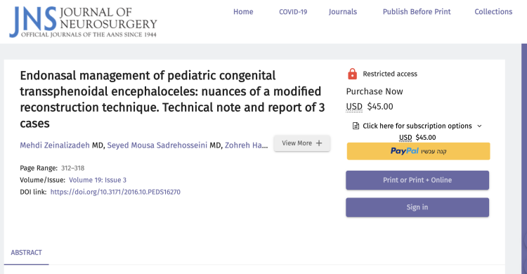 Endonasal management of pediatric congenital transsphenoidal encephaloceles: nuances of a modified reconstruction technique. Technical note and report of 3 cases