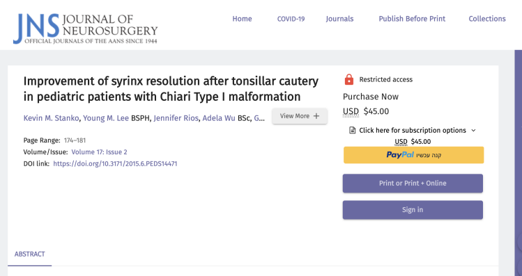 Improvement of syrinx resolution after tonsillar cautery in pediatric patients with Chiari Type I malformation