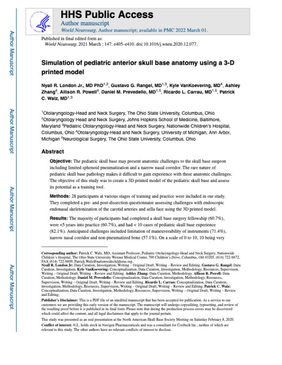 Simulation of Pediatric Anterior Skull Base Anatomy Using a 3D Printed Model