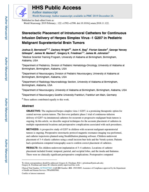 Stereotactic Placement of Intratumoral Catheters for Continuous Infusion Delivery of Herpes Simplex Virus-1 G207 in Pediatric Malignant Supratentorial Brain Tumors