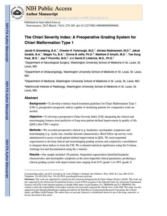 The Chiari Severity Index: A Preoperative Grading System for Chiari Malformation Type 1