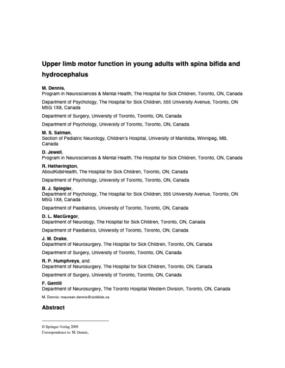 Upper limb motor function in young adults with spina bifida and hydrocephalus
