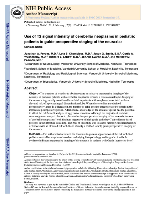 Use of T2 signal intensity of cerebellar neoplasms in pediatric patients to guide preoperative staging of the neuraxis