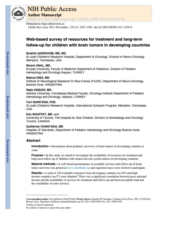Web-based survey of resources for treatment and long-term follow-up for children with brain tumors in developing countries
