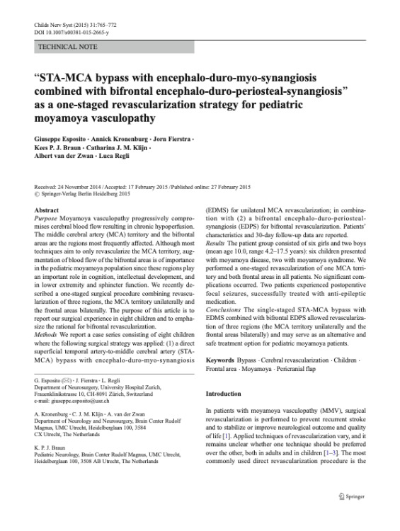 STA-MCA bypass with encephalo-duro-myo-synangiosis combined with bifrontal encephalo-duro-periosteal-synangiosis as a one-staged revascularization strategy for pediatric moyamoya vasculopathy