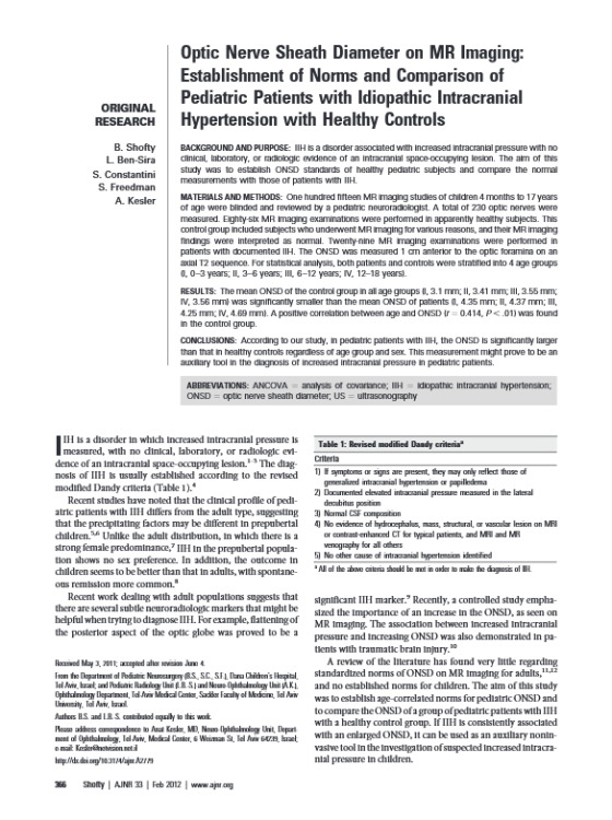 Optic Nerve Sheath Diameter on MR Imaging: Establishment of Norms and Comparison of Pediatric Patients with Idiopathic Intracranial Hypertension with Healthy Controls