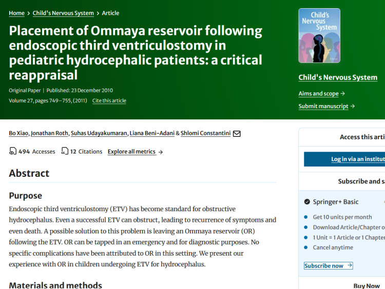 Placement of Ommaya Reservoir Following Endoscopic Third Ventriculostomy in Pediatric Hydrocephalic Patients: a Critical Reappraisal