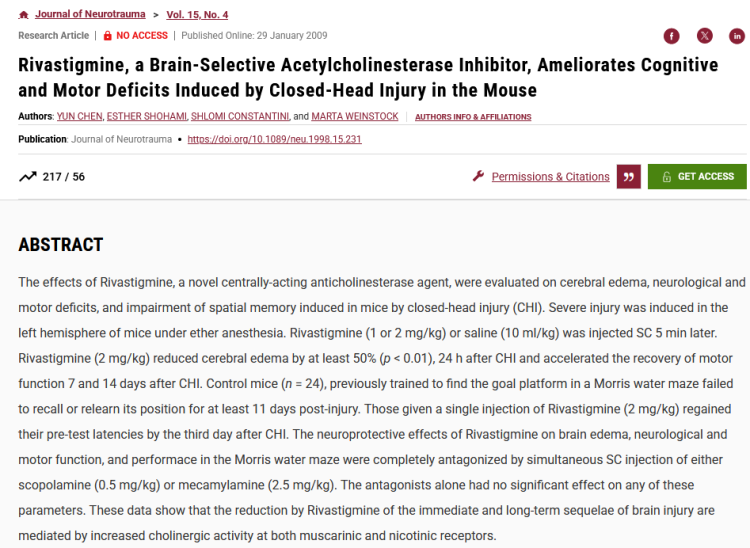 Rivastigmine, a Brain-Selective Acetylcholinesterase Inhibitor, Ameliorates Cognitive and Motor Deficits Induced by Closed-Head Injury in the Mouse