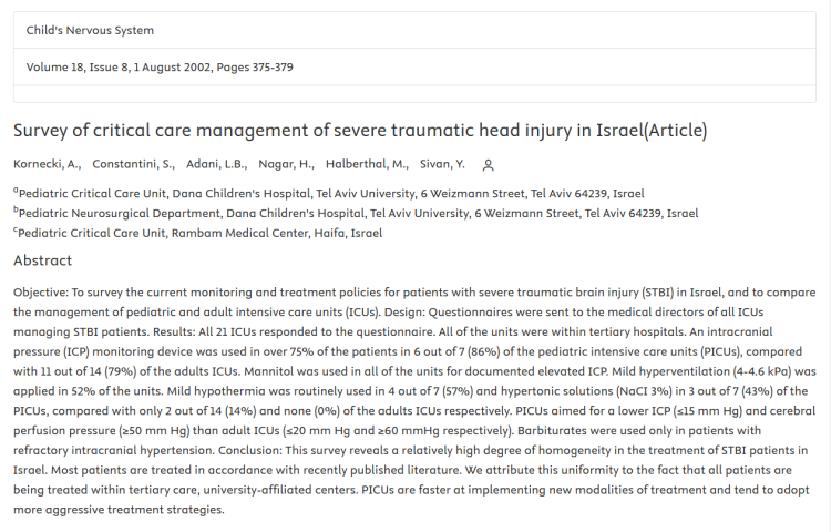 Survey of Critical Care Management of Severe Traumatic Head Injury in Israel