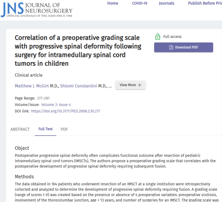 Correlation of a Preoperative Grading Scale with Progressive Spinal Deformity Following Surgery for Intramedullary Spinal Cord Tumors in Children