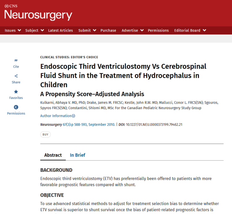 Endoscopic Third Ventriculostomy VS Cerebrospinal Fluid Shunt in the Treatment of Hydrocephalus in Children: A Propensity Score-Adjusted Analysis