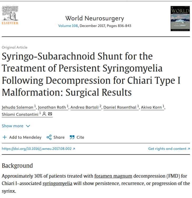 Syringo-Subarachnoid Shunt for the Treatment of Persistent Syringomyelia Following Decompression for Chiari Type I Malformation: Surgical Results