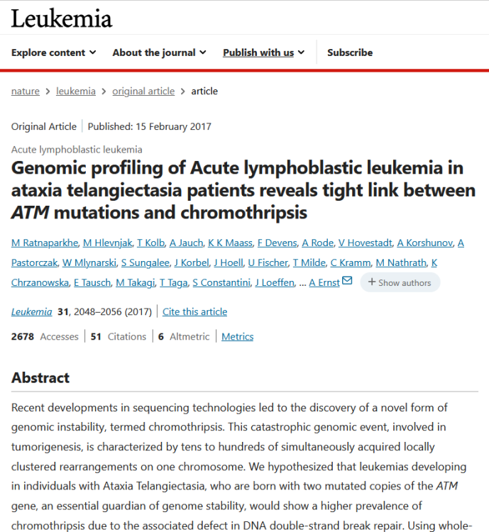 Genomic Profiling of Acute Lymphoblastic Leukemia in Ataxia Telangiectasia Patients Reveals Tight Link Between ATM Mutations and Chromothripsis