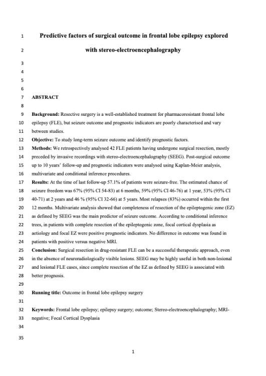 Predictive Factors of Surgical Outcome in Frontal Lobe Epilepsy Explored with Stereoelectroencephalography