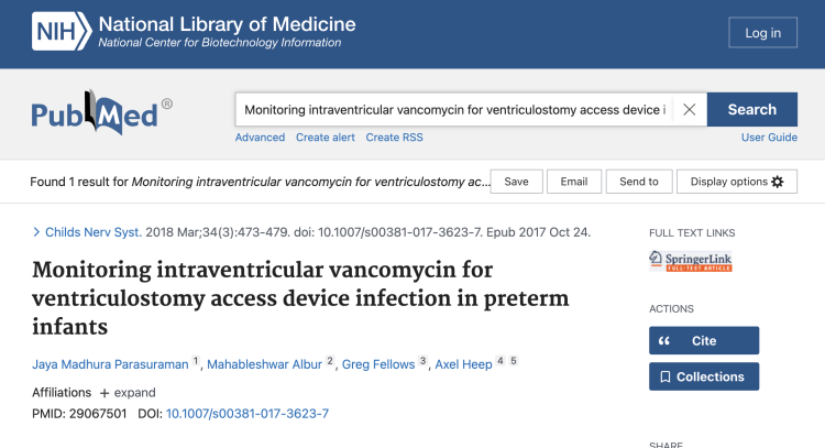 Monitoring intraventricular vancomycin for ventriculostomy access device infection in preterm infants