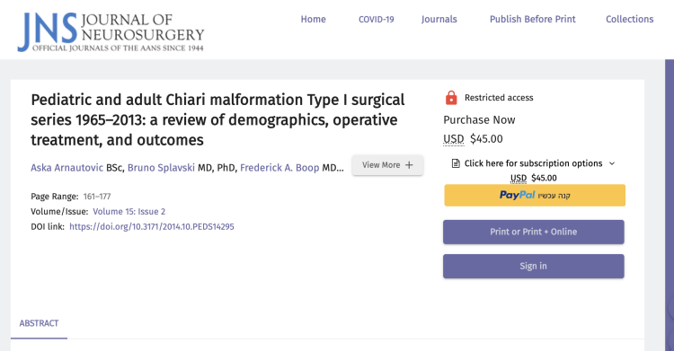 Pediatric and adult Chiari malformation Type I surgical series 1965-2013: a review of demographics, operative treatment, and outcomes