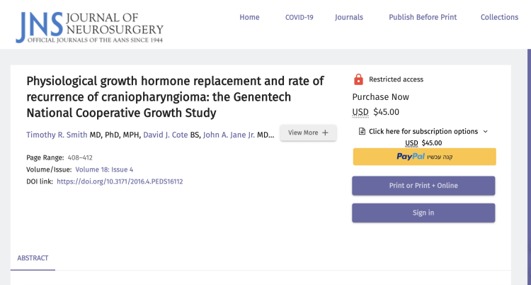 Physiological growth hormone replacement and rate of recurrence of craniopharyngioma: the Genentech National Cooperative Growth Study