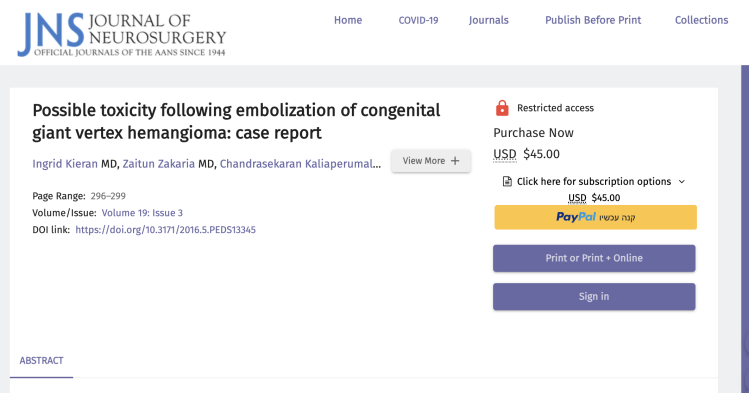 Possible toxicity following embolization of congenital giant vertex hemangioma: case report