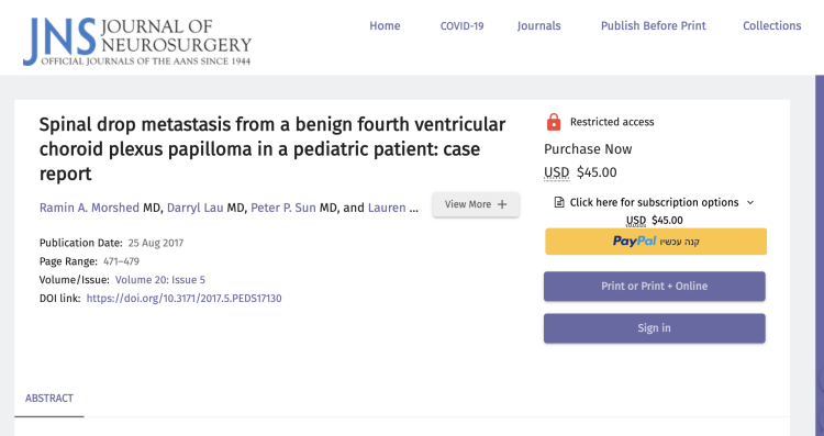 Spinal drop metastasis from a benign fourth ventricular choroid plexus papilloma in a pediatric patient: case report