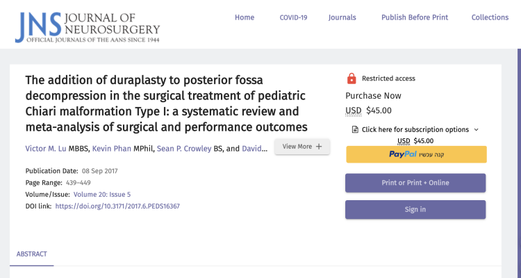 The addition of duraplasty to posterior fossa decompression in the surgical treatment of pediatric Chiari malformation Type I: a systematic review and meta-analysis of surgical and performance outcomes