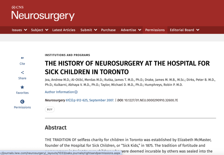 The history of neurosurgery at the hospital for sick children in Toronto