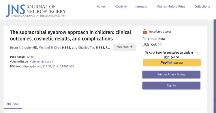 The supraorbital eyebrow approach in children: clinical outcomes, cosmetic results, and complications
