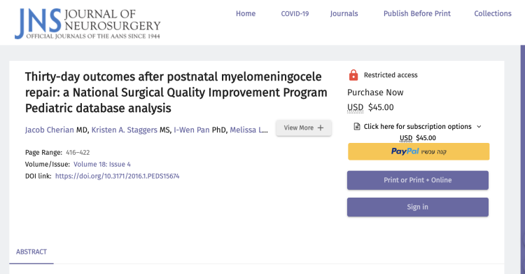 Thirty-day outcomes after postnatal myelomeningocele repair: a National Surgical Quality Improvement Program Pediatric database analysis