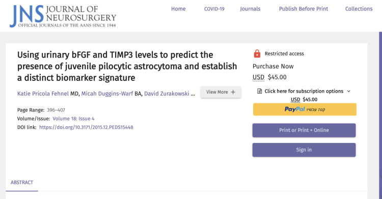 Using urinary bFGF and TIMP3 levels to predict the presence of juvenile pilocytic astrocytoma and establish a distinct biomarker signature