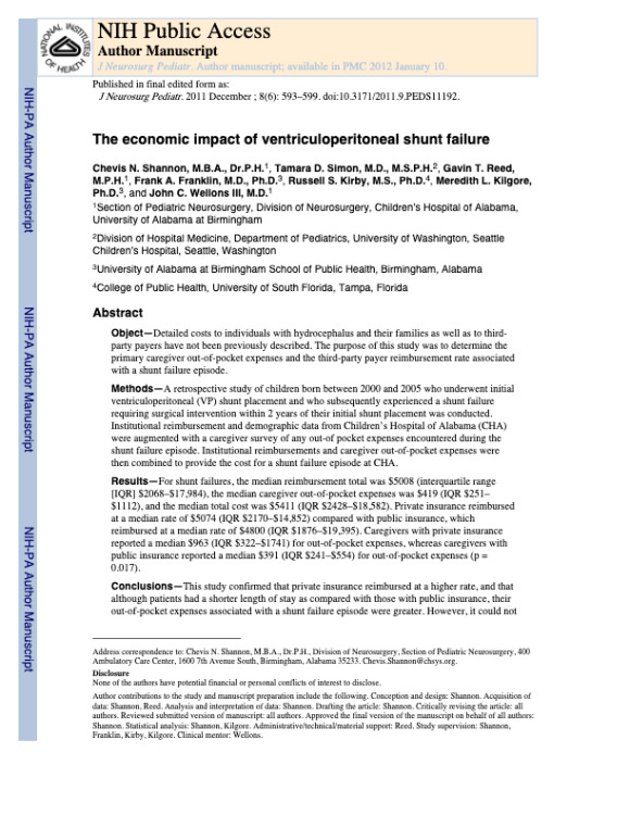 The economic impact of ventriculoperitoneal shunt failure Clinical article