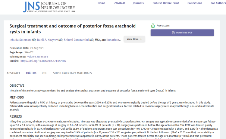 Surgical Treatment and Outcome of Posterior Fossa Arachnoid Cysts in ...