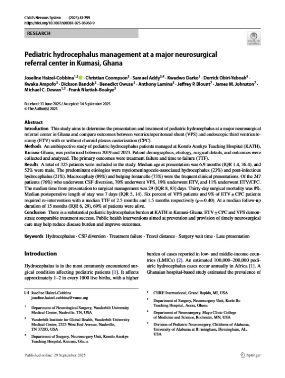Pediatric Hydrocephalus Management at a Major Neurosurgical Referral Center in Kumasi, Ghana