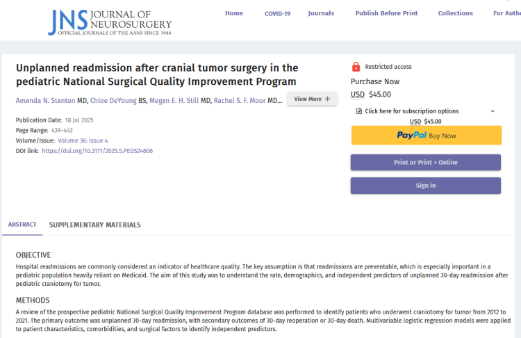 Unplanned Readmission After Cranial Tumor Surgery in the Pediatric National Surgical Quality Improvement Program