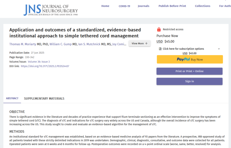 Application and Outcomes of a Standardized, Evidence-Based Institutional Approach to Simple Tethered Cord Management