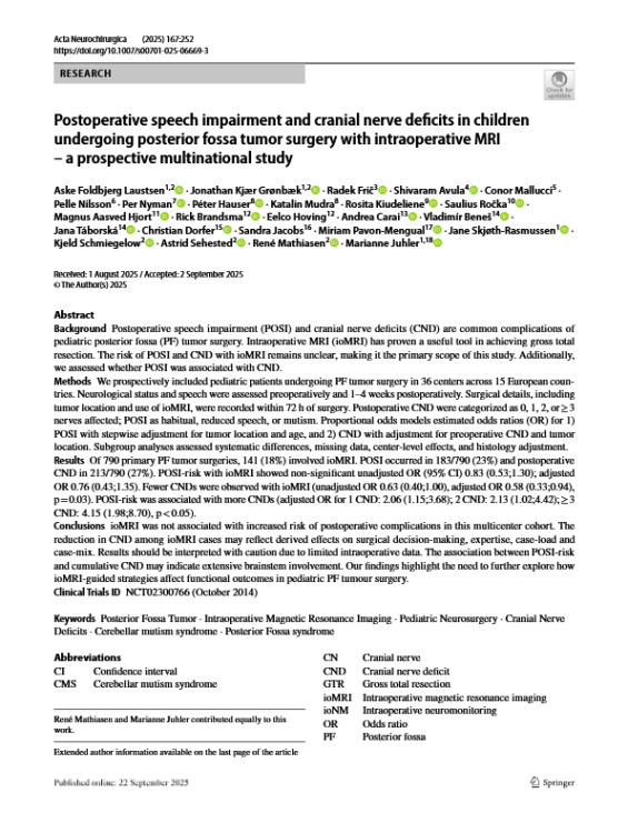 Postoperative Speech Impairment and Cranial Nerve Deficits in Children Undergoing Posterior Fossa Tumor Surgery with Intraoperative MRI – A Prospective Multinational Study