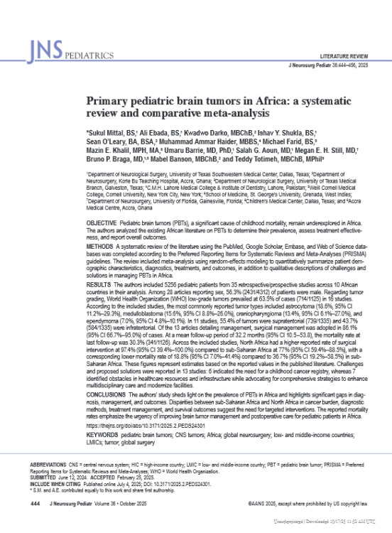Primary Pediatric Brain Tumors in Africa: A Systematic Review and Comparative Meta-Analysis
