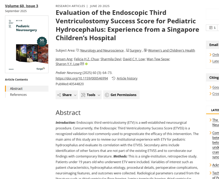Evaluation of the Endoscopic Third Ventriculostomy Success Score for Pediatric Hydrocephalus: Experience from a Singapore Children’s Hospital